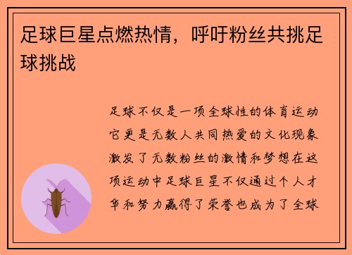足球巨星点燃热情，呼吁粉丝共挑足球挑战