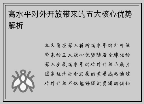 高水平对外开放带来的五大核心优势解析